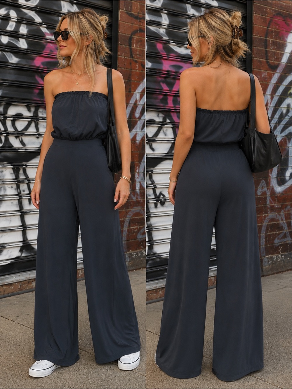 M - Arden B - Strapless Wide-Leg Jumpsuit in Charcoal